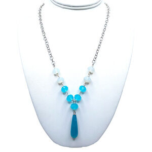 Sterling Silver Glass Stone Y Drop Necklace Opalescent White Blue Adjustable 23"